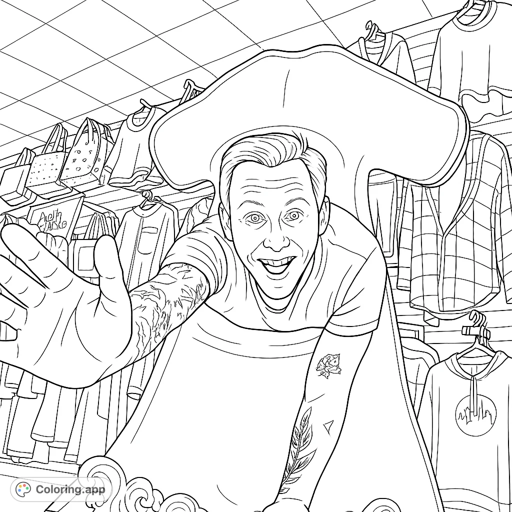 A man emerges from a large hammerhead shark statue, reaching out with a tattooed arm, set against a detailed retail store background.