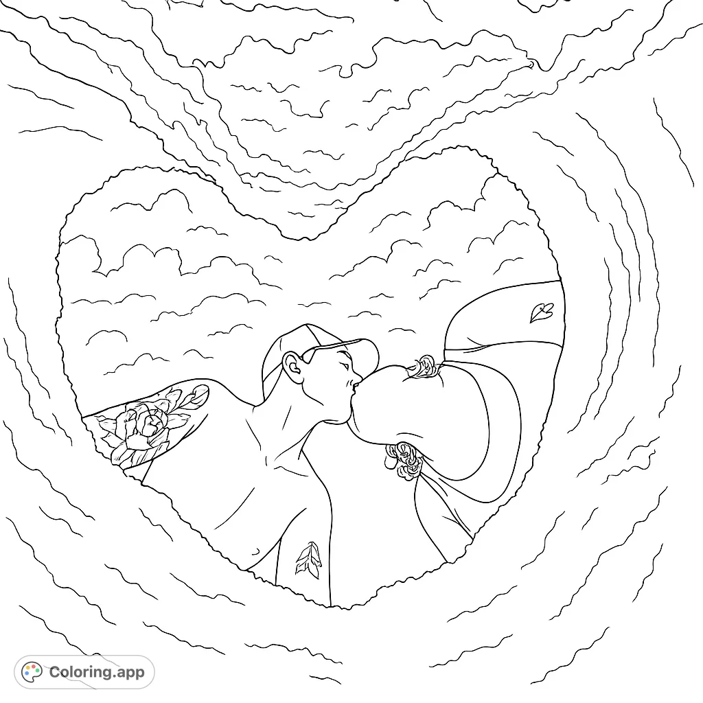 A romantic beach scene featuring a couple kissing, framed by a unique heart-shaped sand opening. Perfect for love-themed coloring.