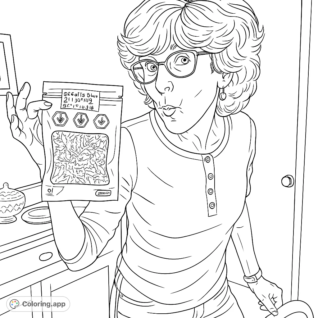 A woman with glasses and wavy hair holds up a pouch filled with herbs, with a curious expression, set against a home interior.
