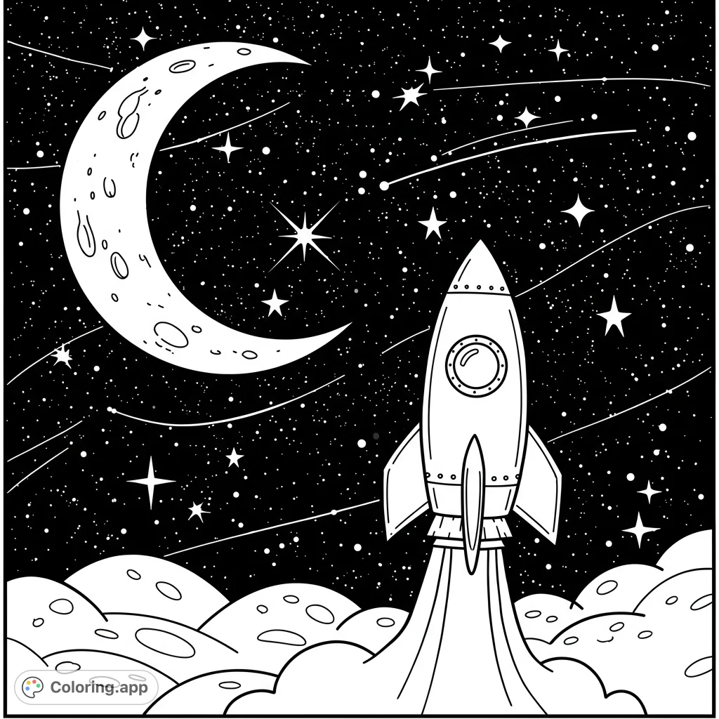 Embark on a cosmic adventure! A fantastical rocket journeys towards a crescent moon amidst a dazzling starry sky, perfect for imaginative coloring.