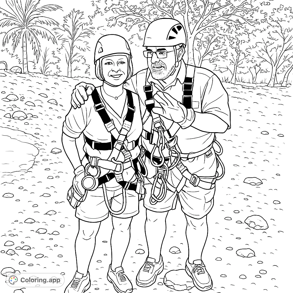 Two smiling adventurers in full zip-lining gear, helmets, and harnesses, ready for a thrilling outdoor experience amidst a rocky, natural landscape.