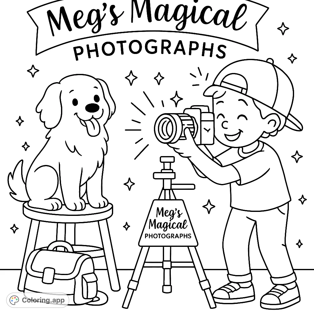 A joyful puppy poses for a young photographer with a camera on a tripod, surrounded by sparkling stars. Perfect for pet and photography lovers!