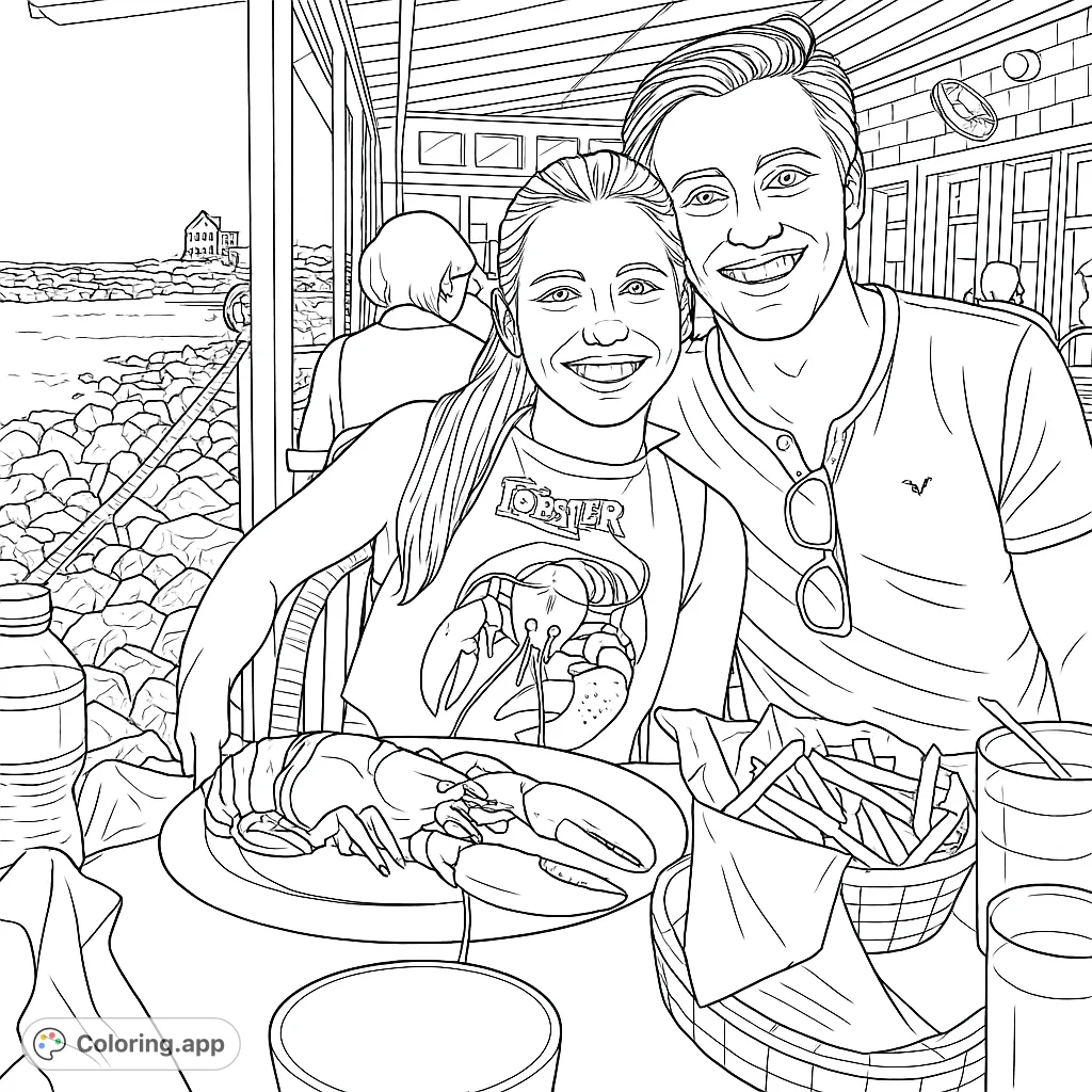 A happy couple enjoys a delicious lobster meal by the rocky coast. Features a large lobster, fries, and a scenic seaside restaurant setting.