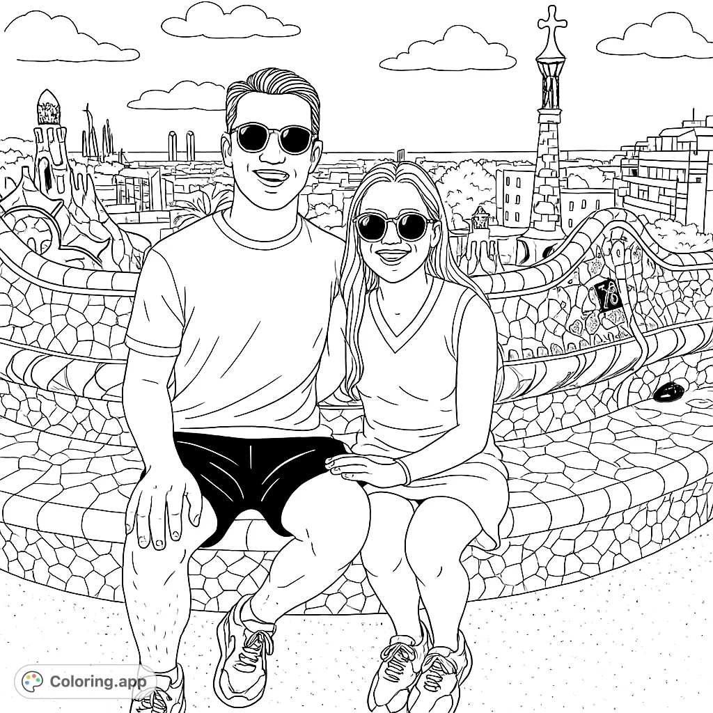 A happy couple enjoys the vibrant mosaic bench at Park Güell, with Barcelona's skyline in the background. A perfect travel-themed coloring page.