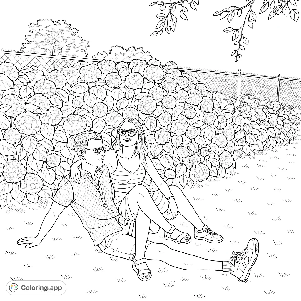 A happy couple relaxes on the grass in front of a lush hydrangea bush, enjoying a beautiful summer day. A perfect free printable coloring page.