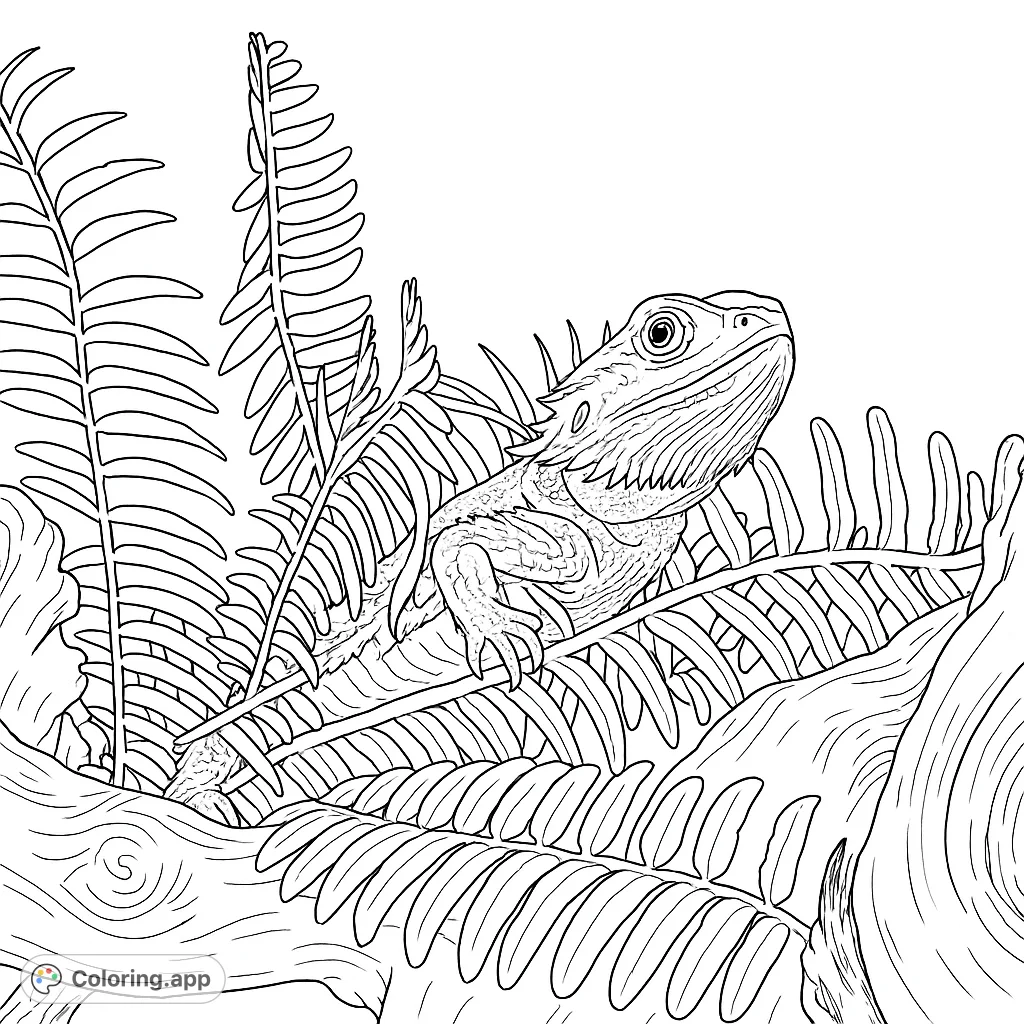 Discover a captivating bearded dragon coloring page, nestled among detailed ferns and gnarled branches. A free printable for reptile lovers of all ages.