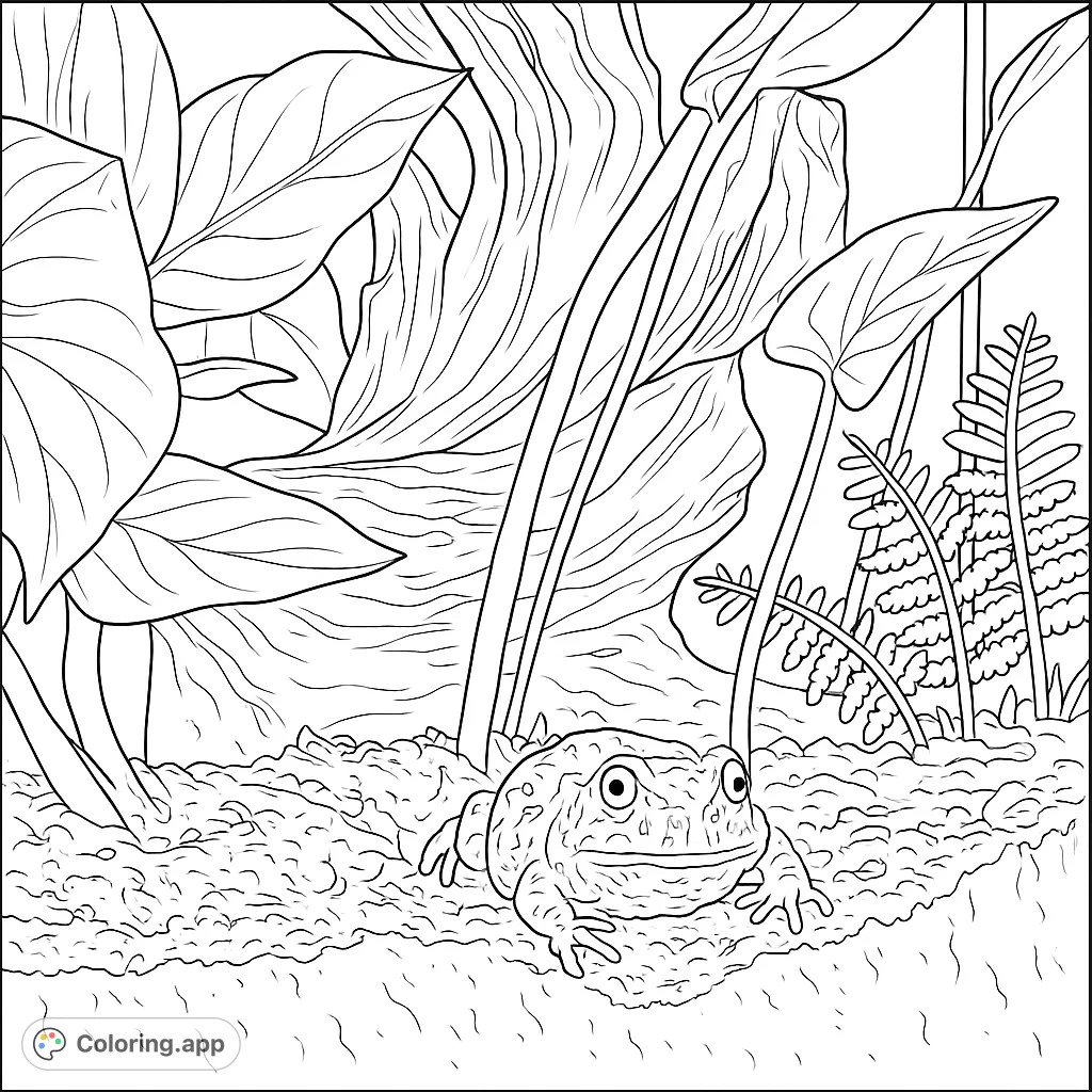 A charming Pacman frog rests in its lush terrarium habitat, surrounded by detailed plants and natural textures, ready for vibrant coloring.