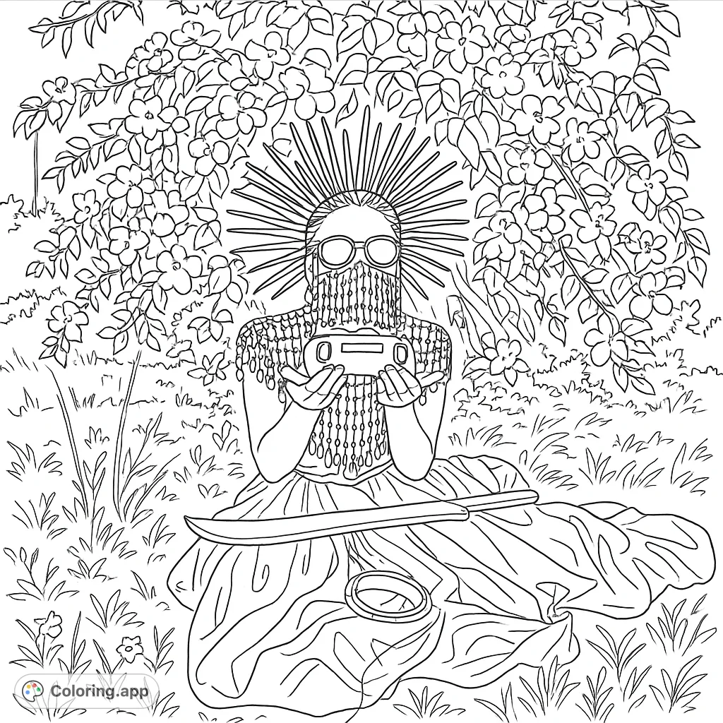 A majestic figure in elaborate ceremonial attire, featuring a sunburst crown and beaded veil, seated amidst a vibrant floral bush, holding a modern game controller.