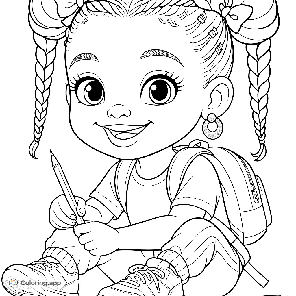 Adorable girl with pigtails and a backpack, ready to draw. Perfect for young artists to express creativity and prepare for school fun.