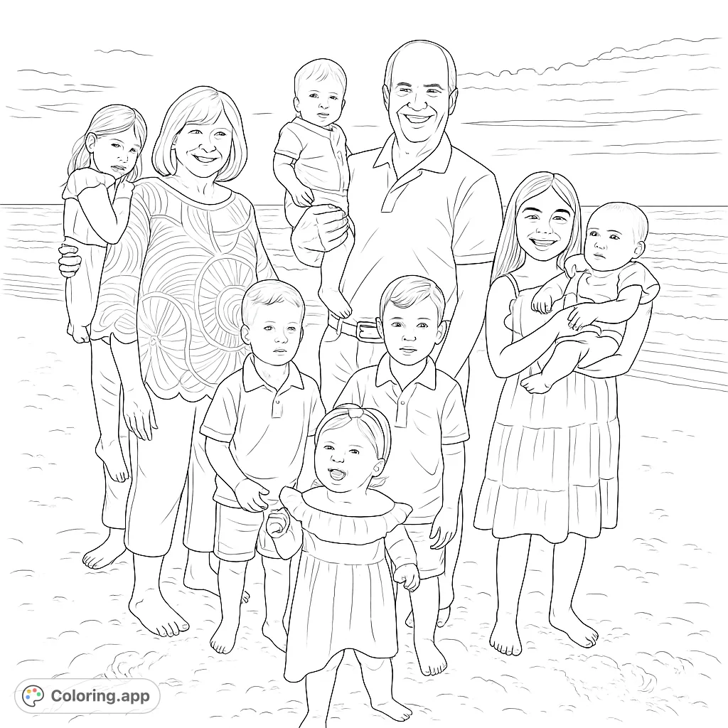 A heartwarming family beach portrait featuring grandparents and their grandchildren, perfect for a memorable coloring experience.