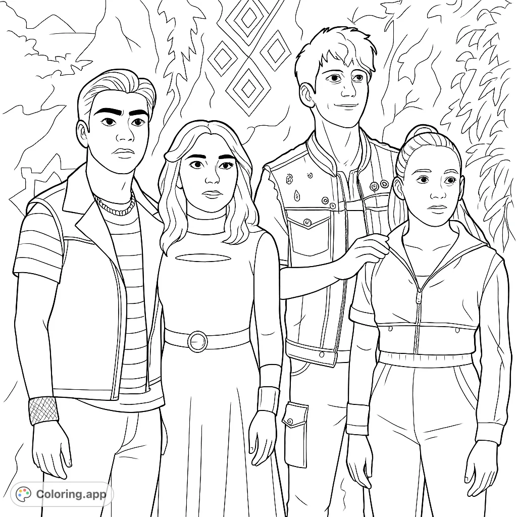 Four distinct characters, including one with green hair and pale skin, posed in an overgrown, textured environment. A captivating group portrait.