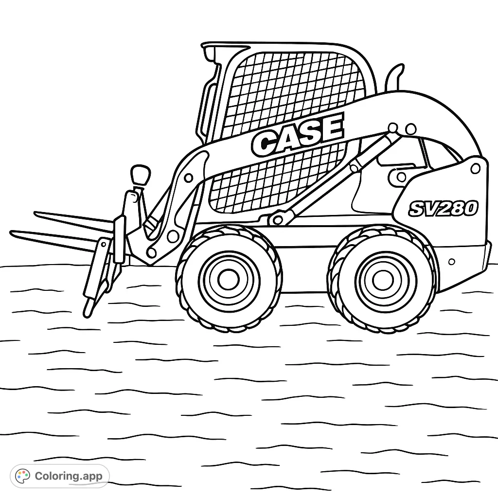 A detailed construction vehicle coloring page featuring a powerful skid steer loader with front forks, perfect for heavy equipment enthusiasts.