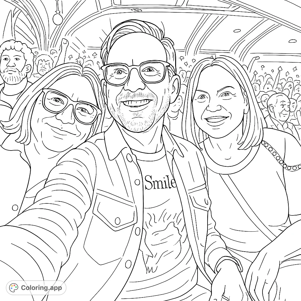 Capture the joy of a live event with this concert friends coloring page. Three smiling faces amidst a crowd of lights await your vibrant colors.