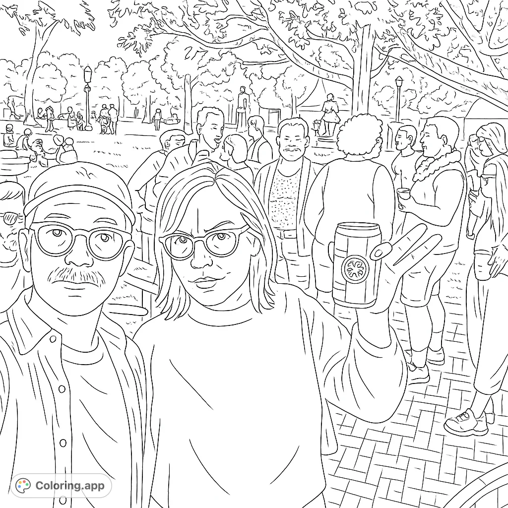 A lively outdoor festival scene featuring two friends in the foreground, surrounded by a bustling crowd and park greenery, ready for vibrant colors.