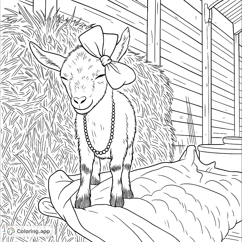 A charming baby goat wearing a large bow and beaded necklaces, standing on a soft blanket. A delightful farm animal coloring page for kids and adults.