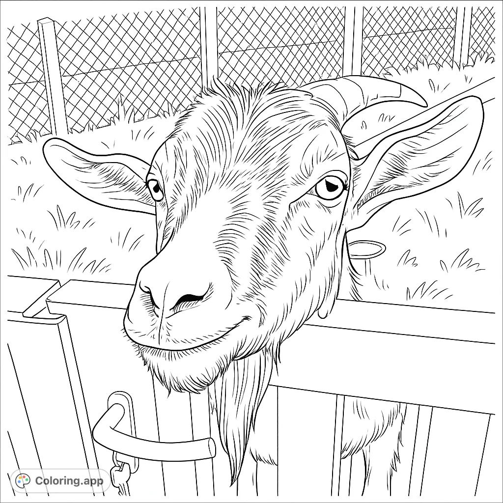 A friendly goat peeks over a fence, its expressive face and textured fur ready for your creative colors. A charming farm animal coloring page.