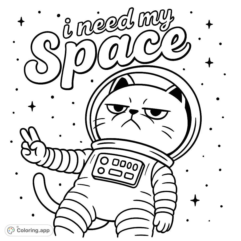 A humorous space cat coloring page featuring a grumpy feline astronaut in a detailed suit, floating among stars. Perfect for space and animal lovers.