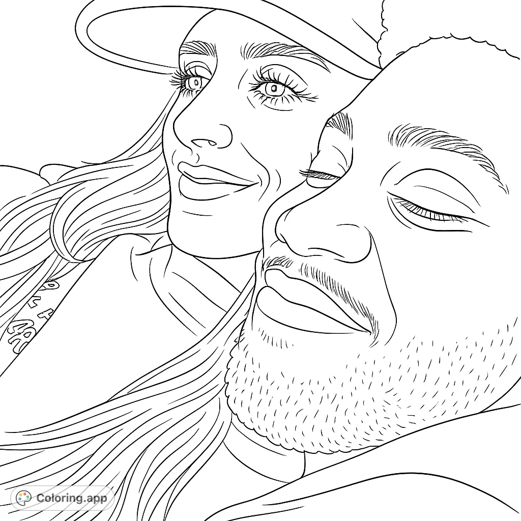 A close-up portrait of two individuals, one with a cap and long hair, the other with a beard, sharing a tender moment. Ideal for a romantic coloring page.