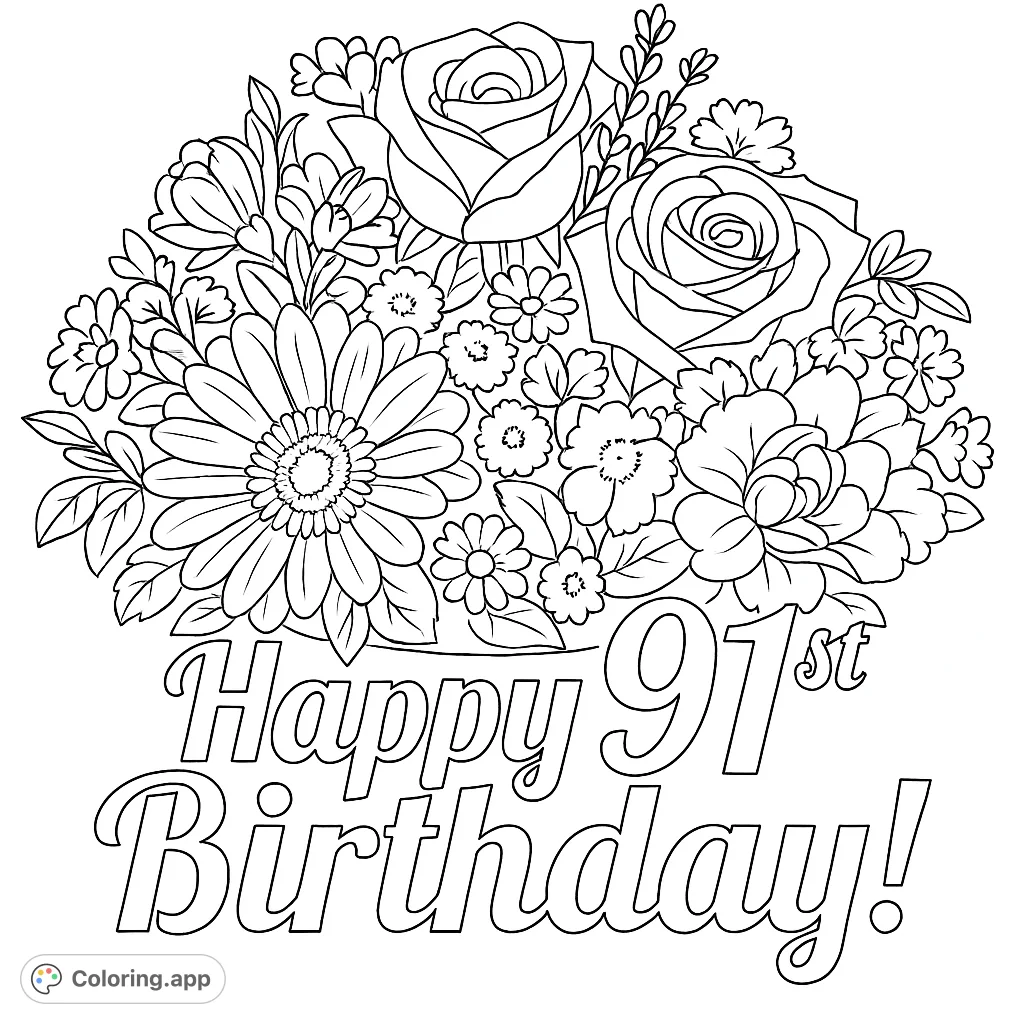 A beautiful bouquet of various flowers in a vase, perfect for a relaxing floral coloring page.