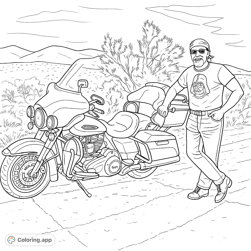 An adventurous biker and his powerful touring motorcycle on a desert road, ready for the open highway. Perfect for motorcycle enthusiasts and road trip dreams.