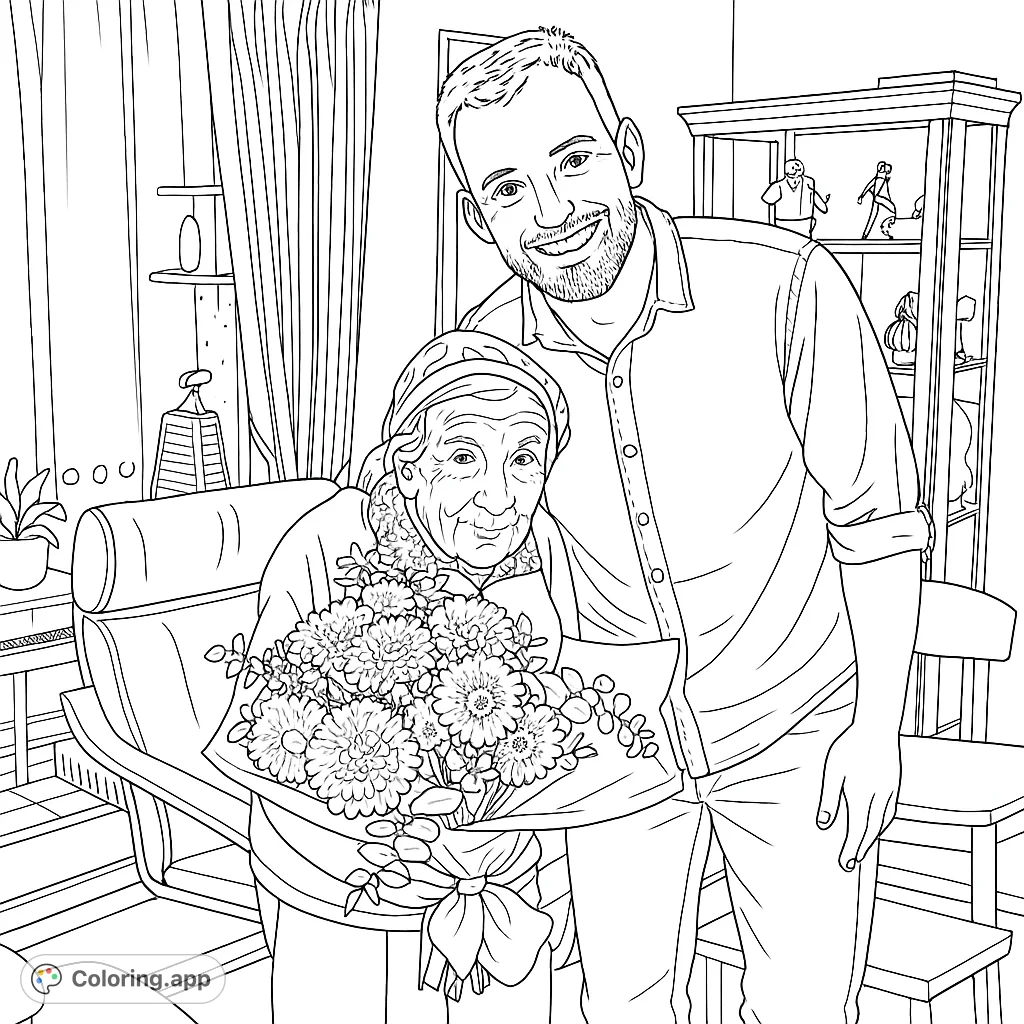 Capture a heartwarming moment: an elderly woman holding a beautiful bouquet, with a young man standing beside her. Perfect for all ages.
