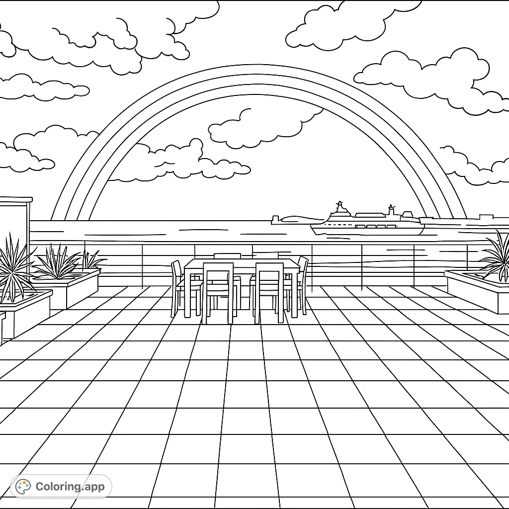 A stunning coastal rainbow coloring page featuring a large ferry, a beach, and a patio view, perfect for detailed coloring fun.