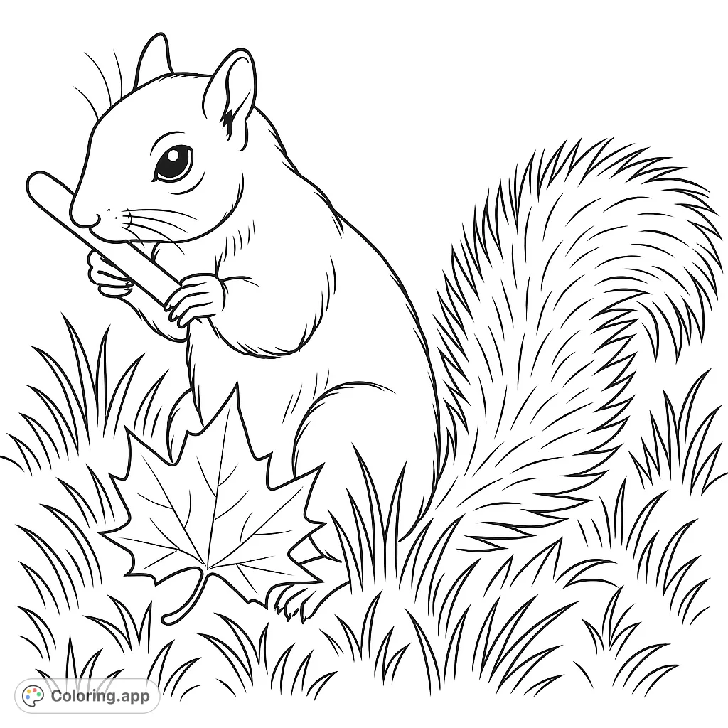 A cute squirrel holds a stick amidst grass and autumn leaves, ready for a fun nature-themed coloring adventure.