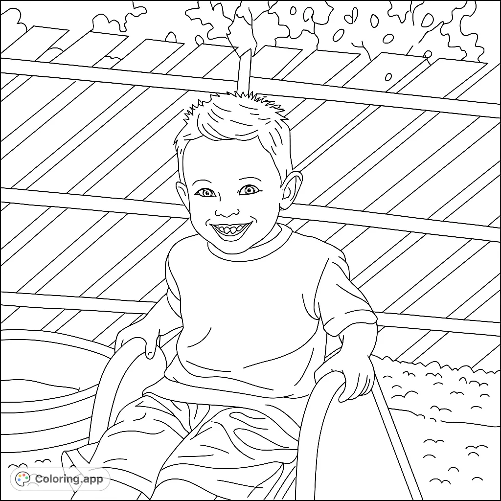 A cheerful young boy with spiky hair smiles brightly while sitting on a playground slide, ready for fun. Perfect for kids' playtime scenes.