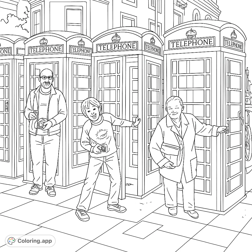 Explore London with this charming coloring page featuring classic red telephone booths and happy people, perfect for a fun, free printable activity.