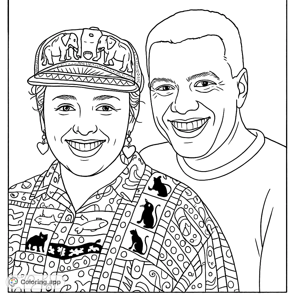 A joyful duo with a woman in a uniquely patterned cap and shirt, alongside a smiling man. Perfect for personalizing with creative patterns and shades.