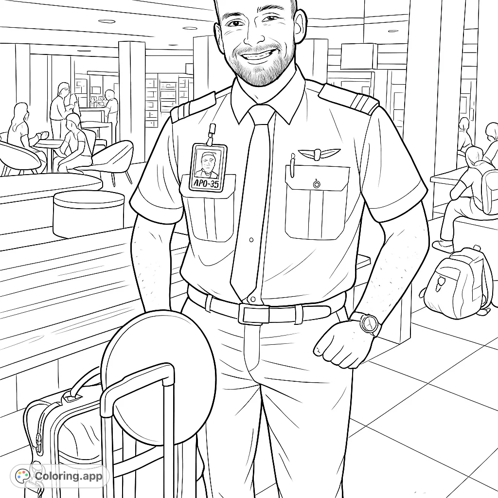 A detailed pilot coloring page featuring a smiling pilot in uniform with a suitcase and hat at an airport, perfect for aviation enthusiasts.