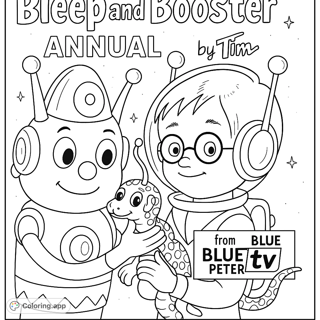 An adventurous astronaut and friendly robot with their scaly alien pet, ready for a cosmic coloring journey in a starry space scene.