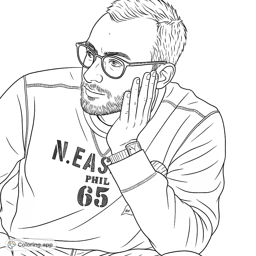 A detailed portrait of a thoughtful man wearing glasses and a sweatshirt, resting his hand on his face. Perfect for personal expression.