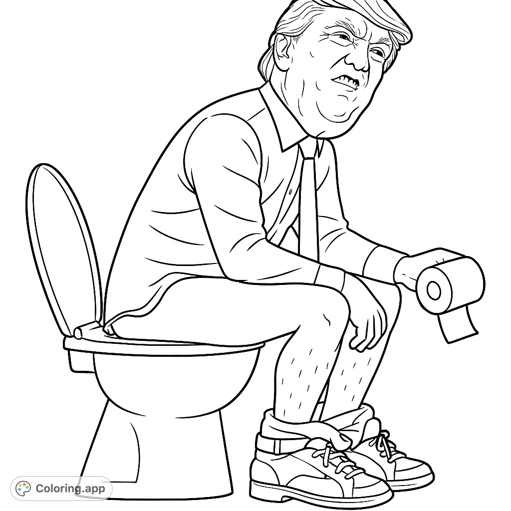 A humorous line drawing of a man with a distinctive expression seated on a toilet, holding a toilet paper roll. Perfect for adult humor coloring.