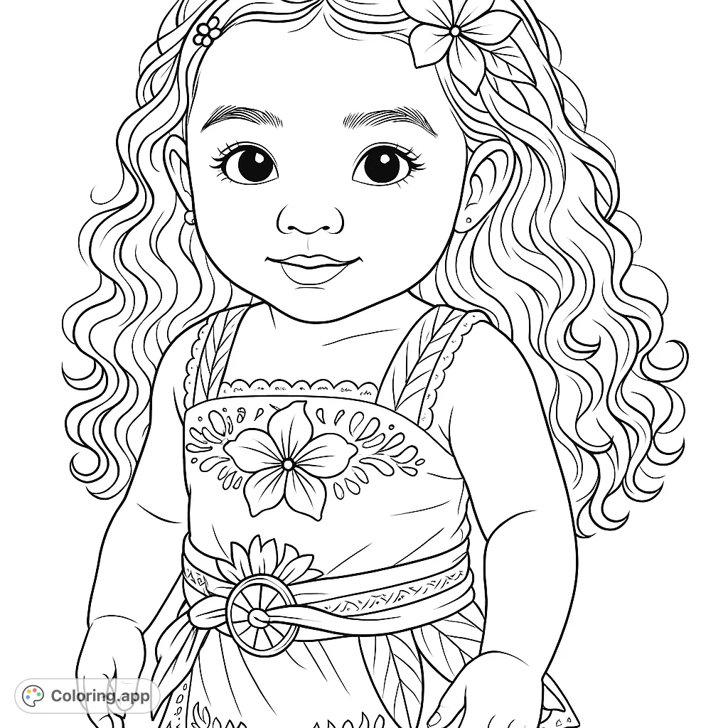 A delightful baby girl in a charming floral dress, perfect for a free printable coloring page. Features intricate details and a sweet expression.