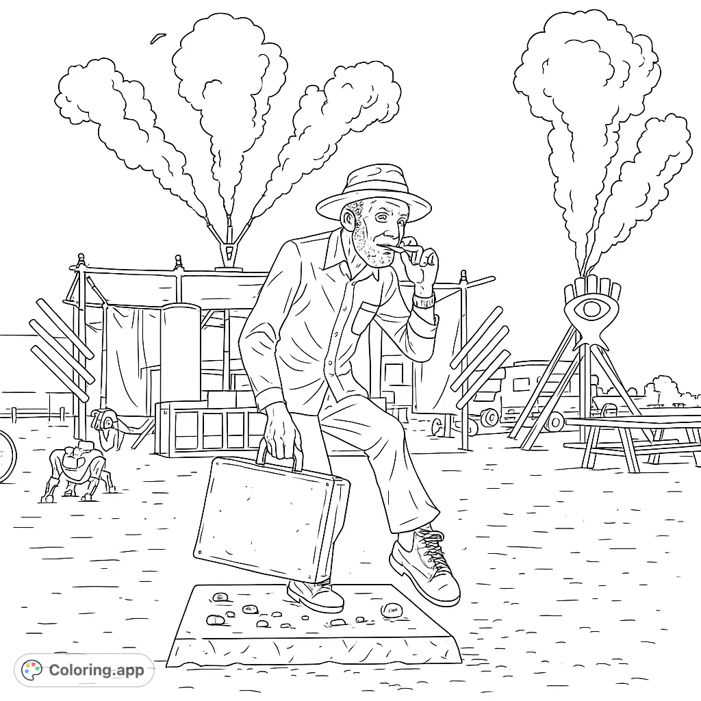A unique desert art scene featuring an old man statue with a pipe and briefcase, set against a backdrop of dramatic fire bursts and abstract structures.