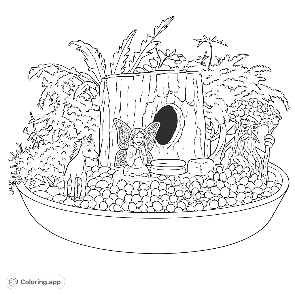 Discover a magical fairy garden with a tree stump home, a graceful fairy, a unicorn, and a wise tree spirit, surrounded by lush plants and tiny pebbles.