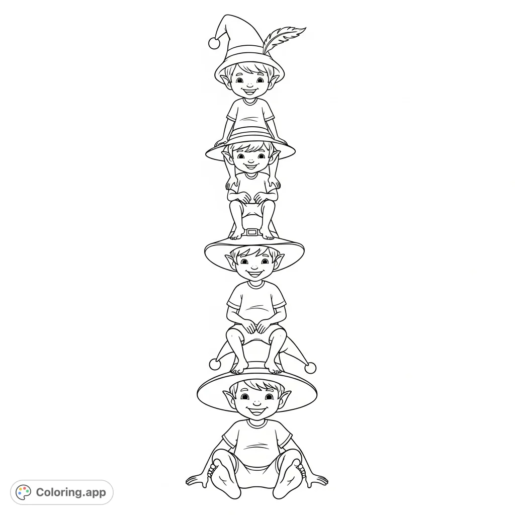 A whimsical elf coloring page featuring four smiling elves playfully stacked vertically, each with unique hats, t-shirts, shorts, and bare feet.