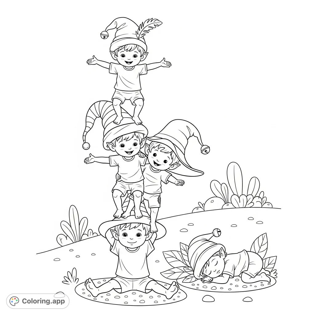 A delightful scene featuring four smiling baby elves playfully stacked, each with a unique whimsical hat, alongside a fifth sleeping elf. Perfect for fantasy fans!