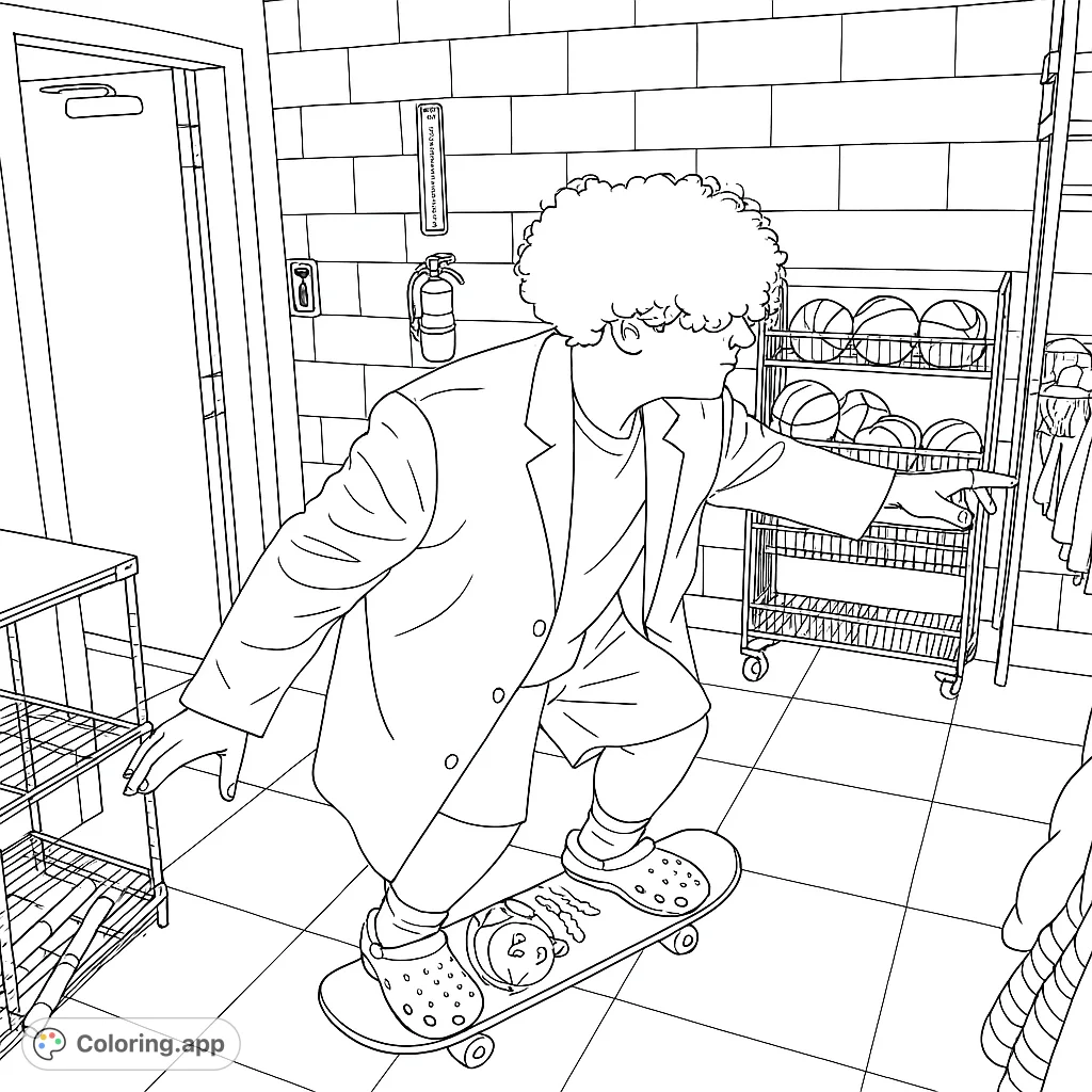 Dynamic skateboarder with curly hair in a long coat, balancing on a board with a unique graphic. A fun, urban scene for coloring enthusiasts.