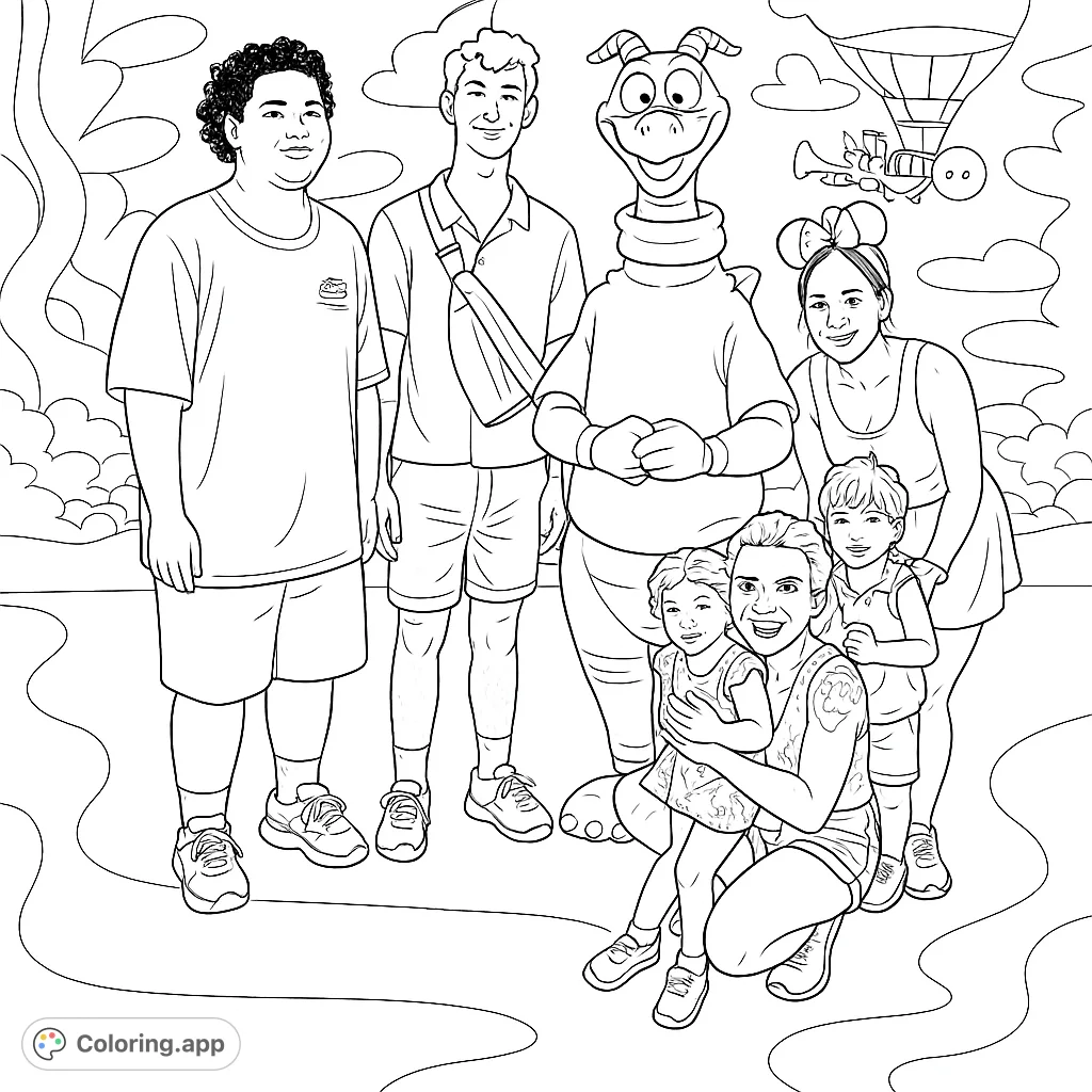 A delightful Figment coloring page featuring the beloved character with a happy family against a whimsical, imaginative background. Free printable fun!