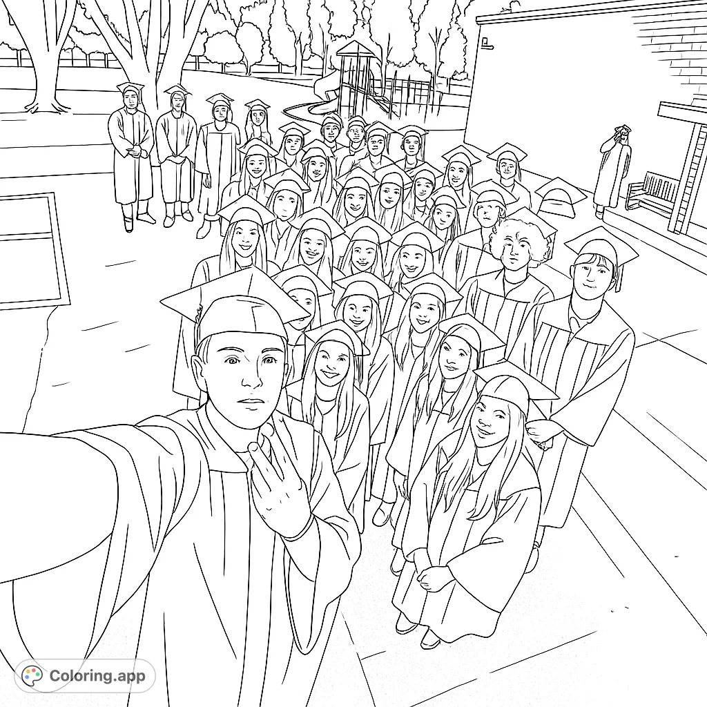 Celebrate achievement with this graduation coloring page! Features happy graduates in caps and gowns, a free printable coloring page perfect for commemorating milestones.