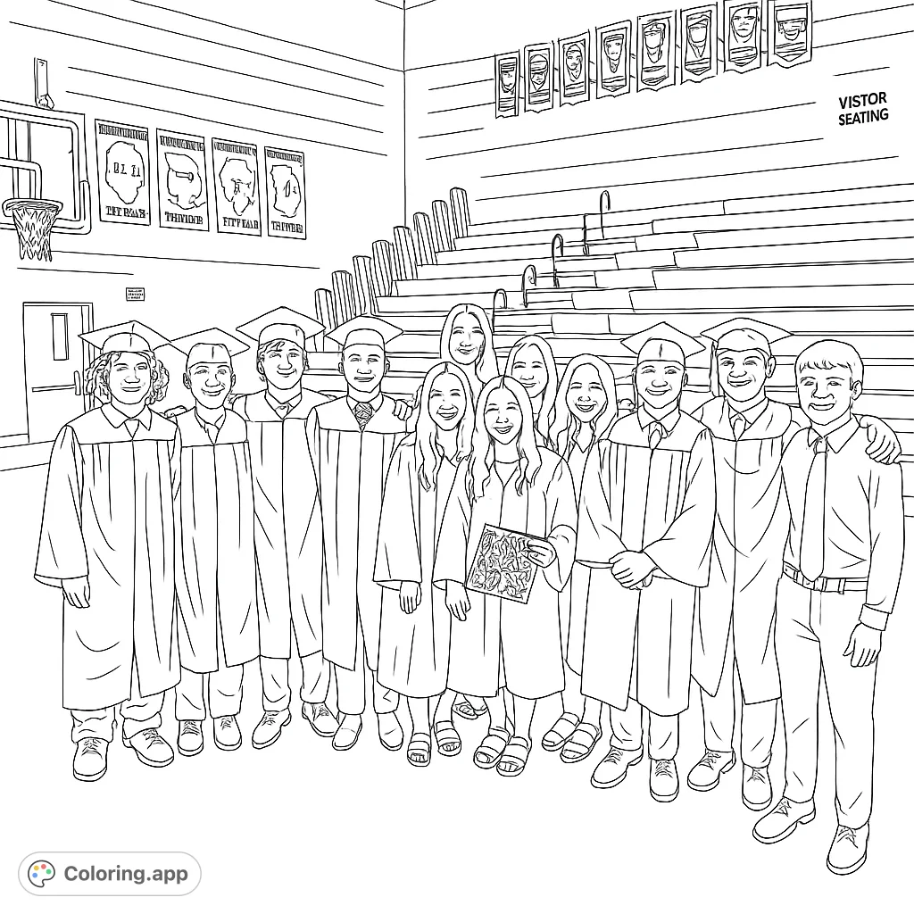 Celebrate academic success with this graduation coloring page featuring a joyful group of students in caps and gowns, ready for their future.