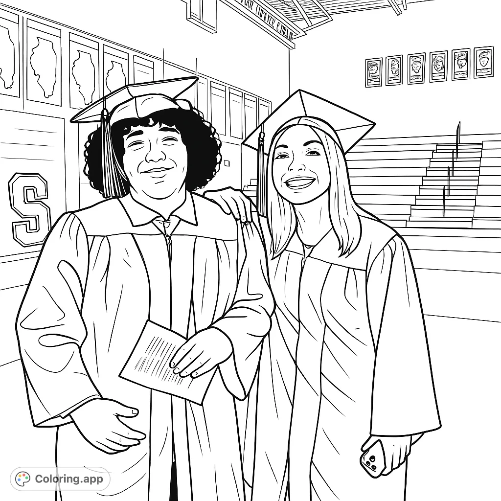Celebrate academic success with this graduation coloring page! Features two smiling graduates in caps and gowns, perfect for free printable coloring page fun.