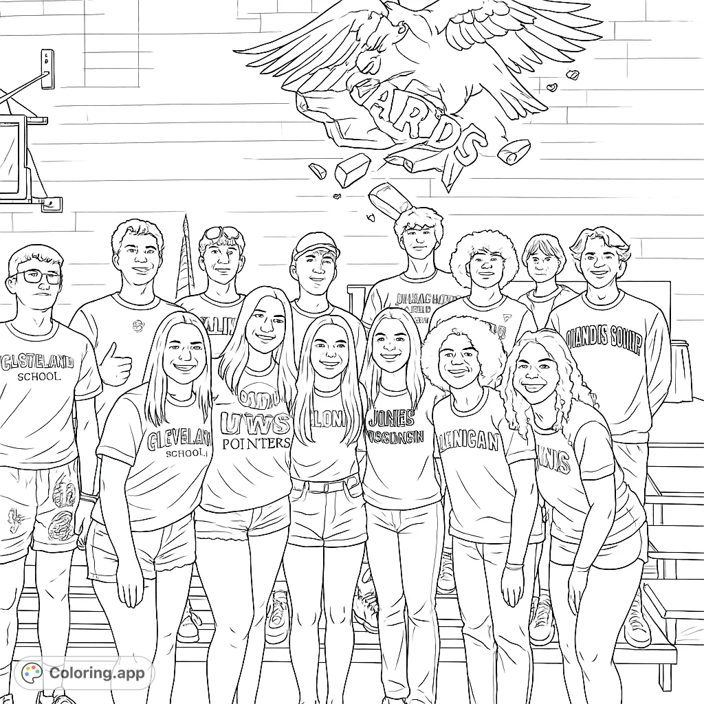 A vibrant group portrait coloring page featuring diverse young adults and a child, perfect for celebrating community and friendship. Free printable coloring page for all ages.