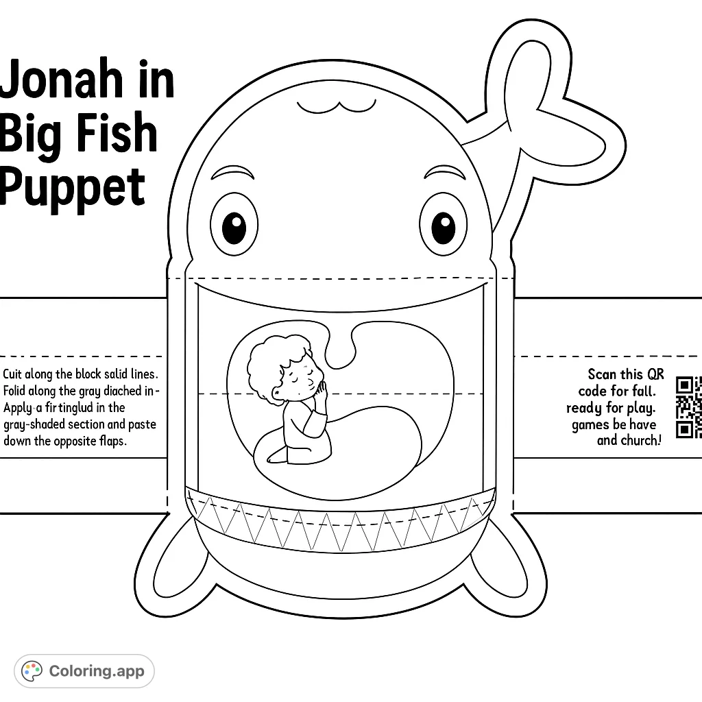 A delightful Jonah and the Big Fish puppet coloring page featuring a friendly whale with Jonah inside, perfect for creative play and learning.