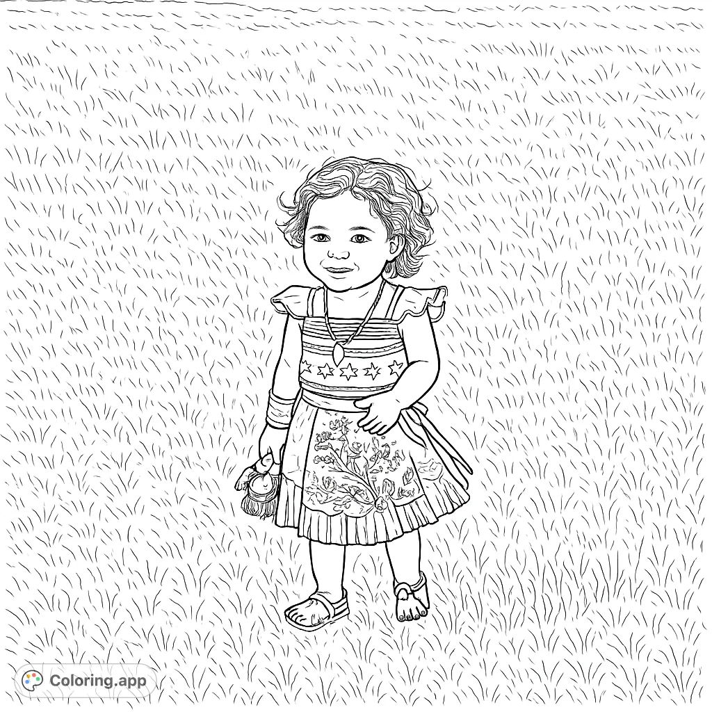 Adorable child in island-inspired costume, holding a doll and garland, ready for a tropical adventure. Perfect for imaginative play and creative coloring.