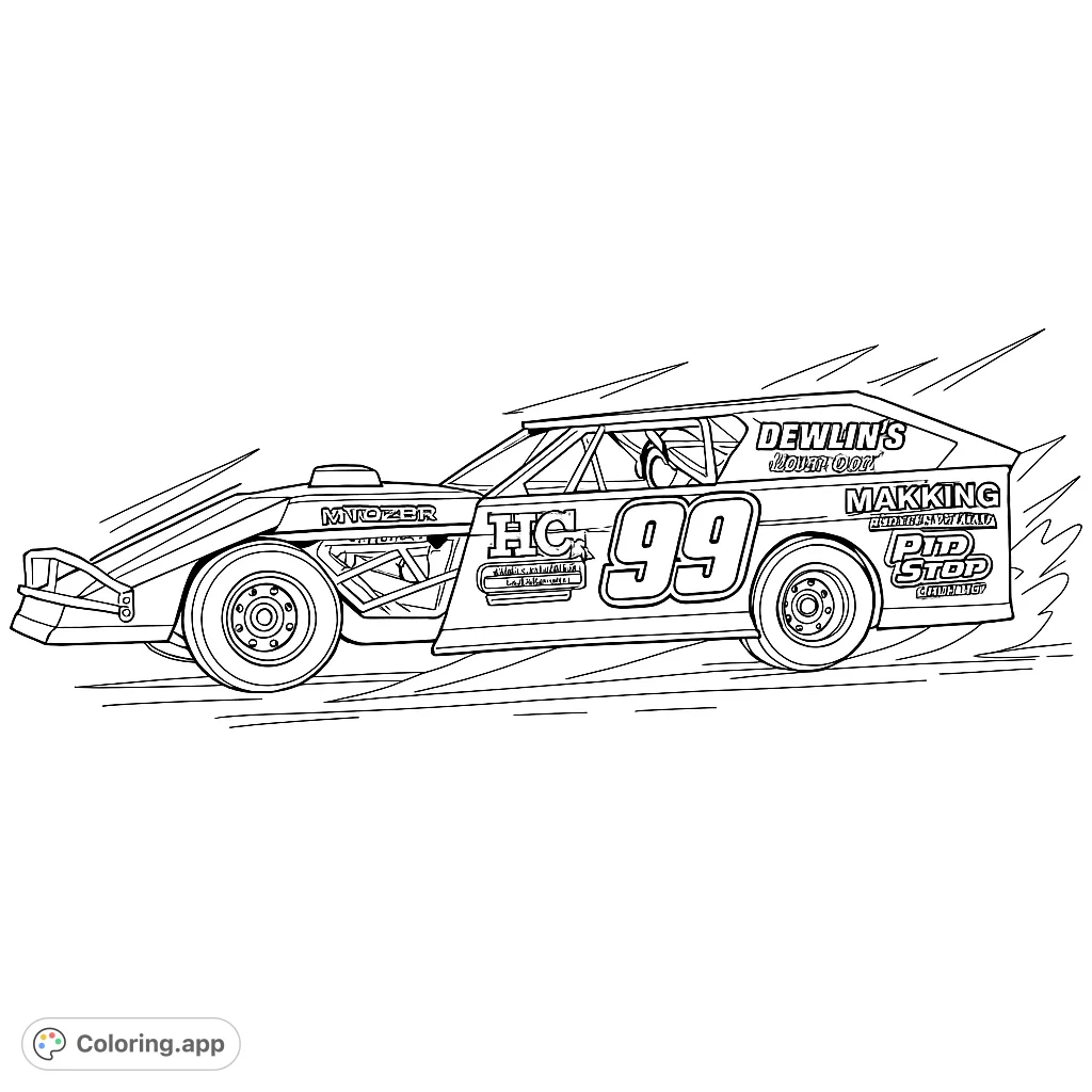 Dynamic dirt track race car in action, kicking up dust. Features bold lines and intricate details for an exciting race car coloring page experience.