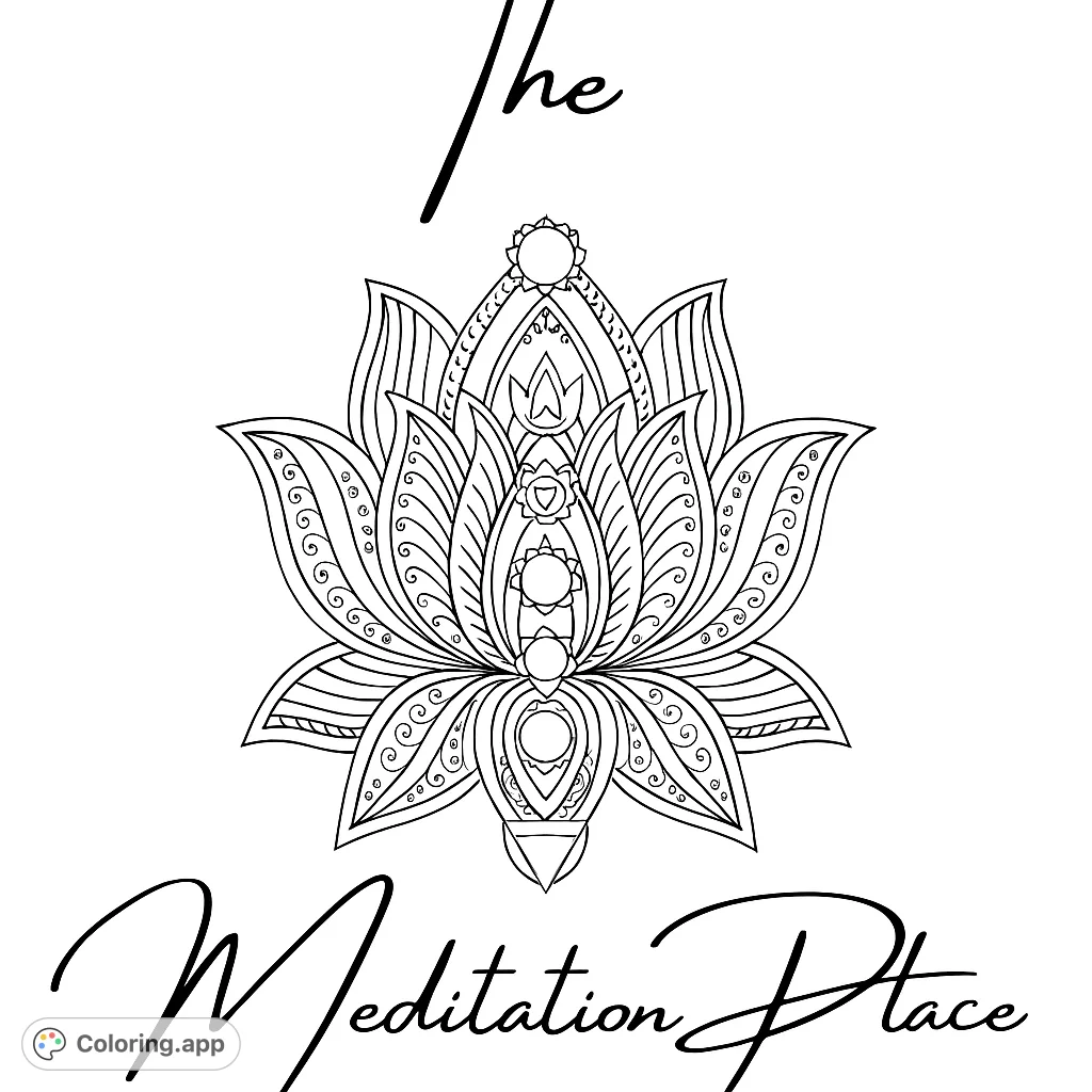 A serene lotus flower with seven chakra symbols, perfect for mindful coloring and spiritual exploration.