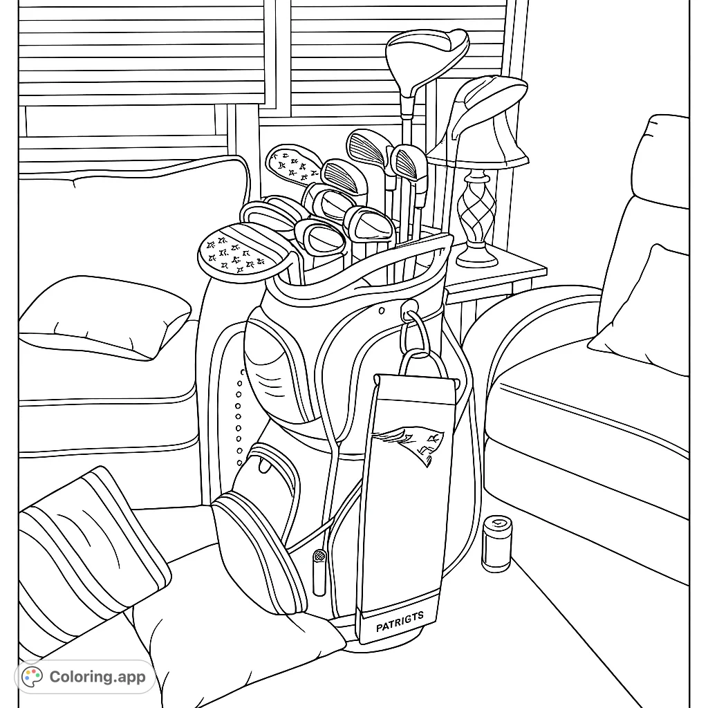 Color a detailed golf bag filled with clubs, featuring a patriotic headcover and team towel, set in a cozy indoor scene.